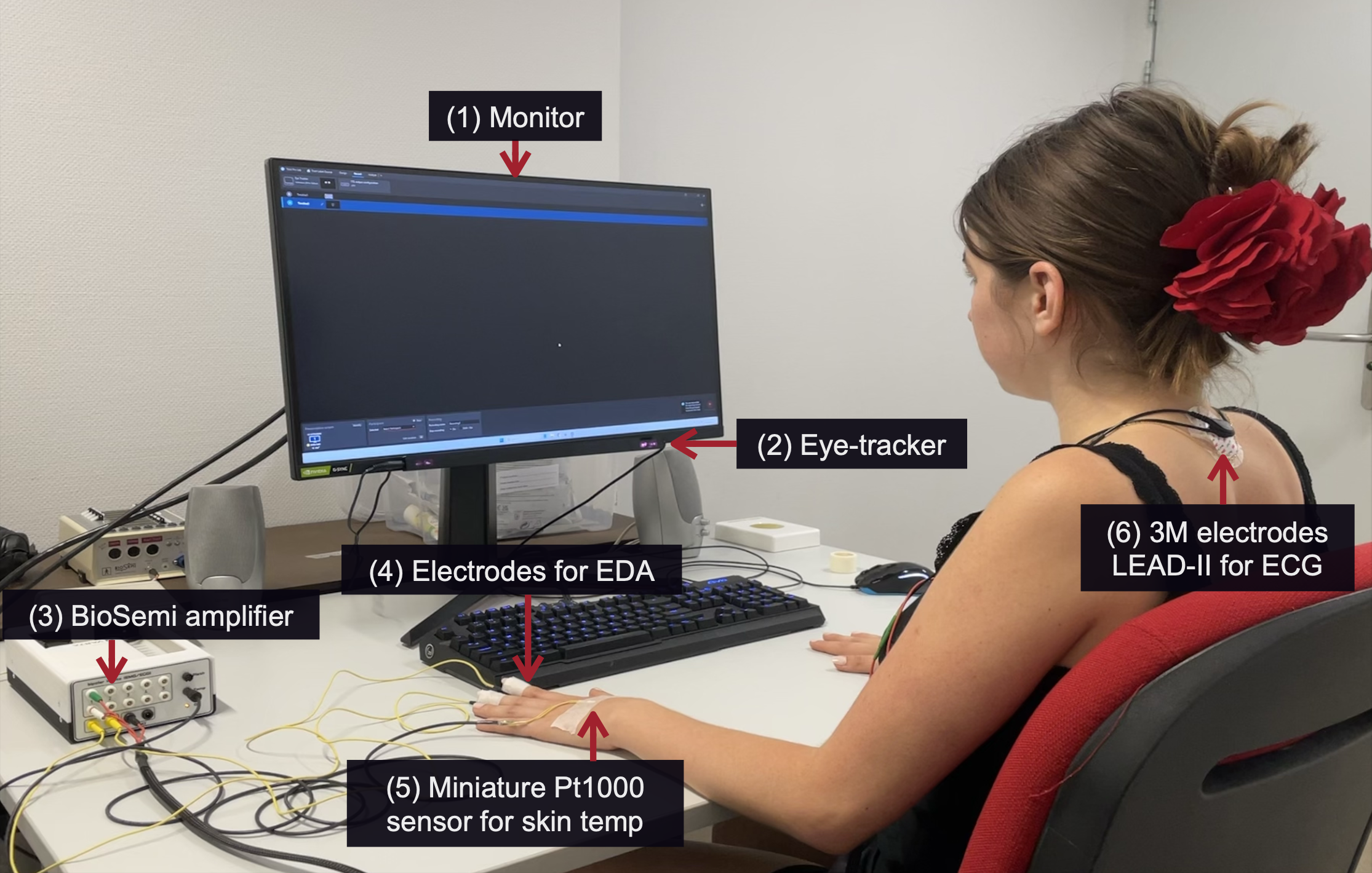 Study setup: monitor, eye-tracker, BioSemi amplifier, EDA electrodes, skin-temperature sensor and ECG electrodes